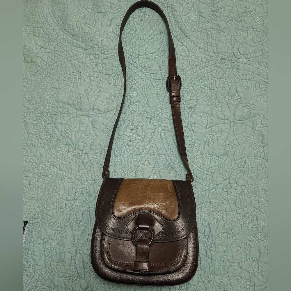 Brown and Tan Leather Saddle Bag Purse, Anna Del Sol, Crossbody Bag - Picture 3 of 14